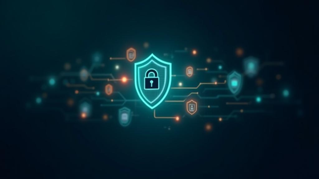 Visualisierung von Datensicherheit und Datenschutz mit abstrakten Schutzschilden und verschlüsselten Informationen auf einem digitalen Hintergrund
